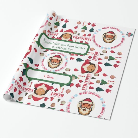 Personalized Santa's Workshop Christmas Gift Wrap Cadeaupapier (Uitgerold)