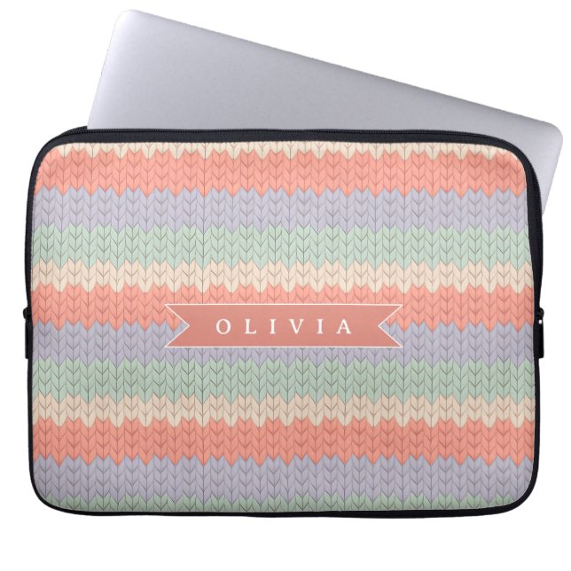 Personalized Scandinavian Pastel Knit Pattern Name Laptop Sleeve (Voorkant)