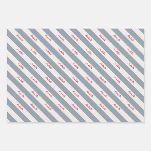 Personalized Script Name Blue Cream Candy Stripe Inpakpapier Vel (Voorkant 3)