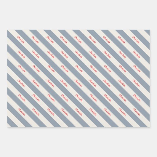 Personalized Script Name Blue Cream Candy Stripe Inpakpapier Vel (Voorkant 2)