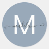 Personalized Script Name Monogram Dusty Blue Ronde Sticker (Voorkant)