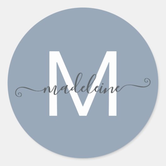 Personalized Script Name Monogram Dusty Blue Ronde Sticker (Voorkant)