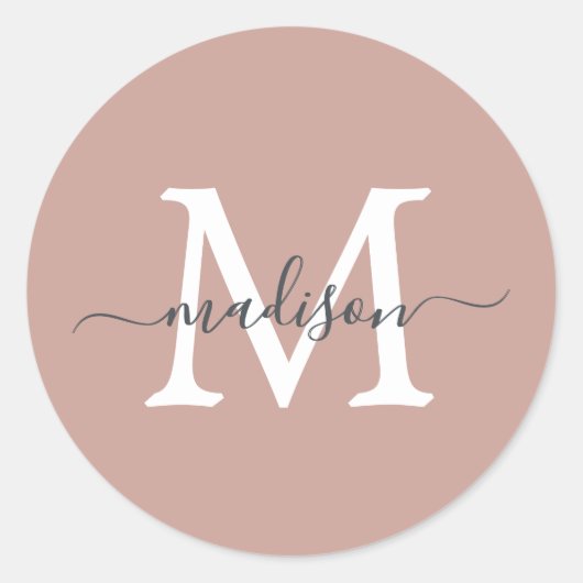 Personalized Script Name Monogram Dusty Rose Ronde Sticker (Voorkant)