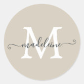 Personalized Script Name Monogram Warm Beige Ronde Sticker (Voorkant)