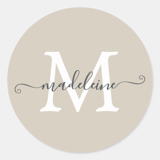 Personalized Script Name Monogram Warm Beige Ronde Sticker (Voorkant)