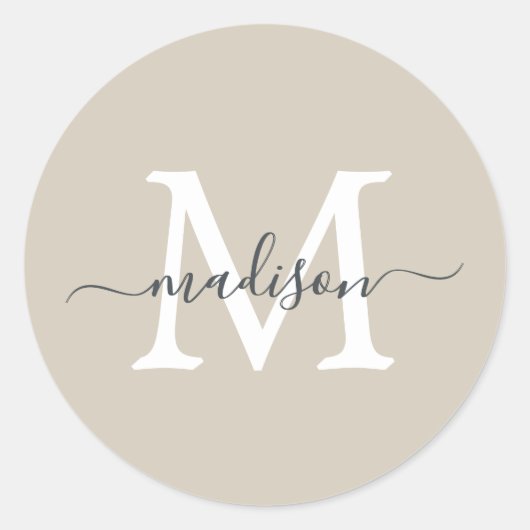 Personalized Script Name Monogram Warm Beige Ronde Sticker (Voorkant)