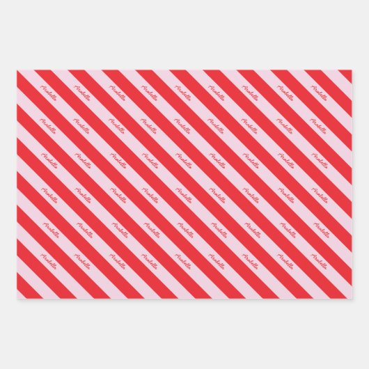 Personalized Script Name Red Pink Candy Stripe Inpakpapier Vel (Voorkant 3)