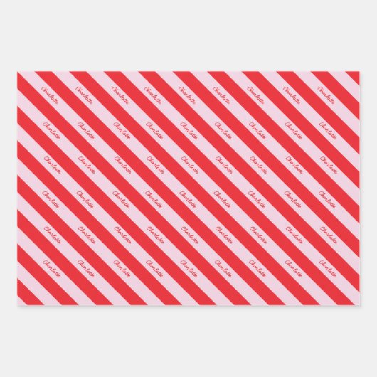 Personalized Script Name Red Pink Candy Stripe Inpakpapier Vel (Voorkant 2)