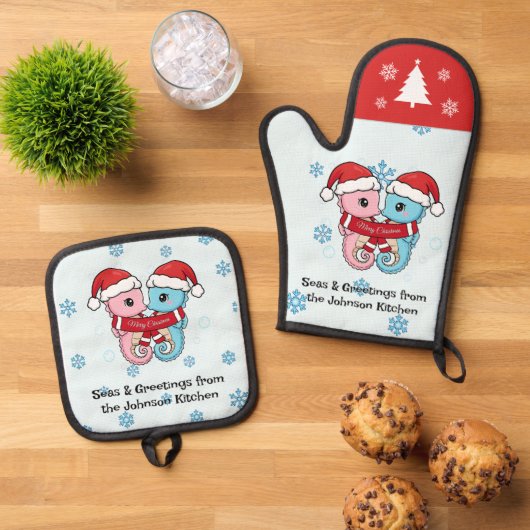 Personalized Seahorse Christmas Oven Mitt Set (Top down)