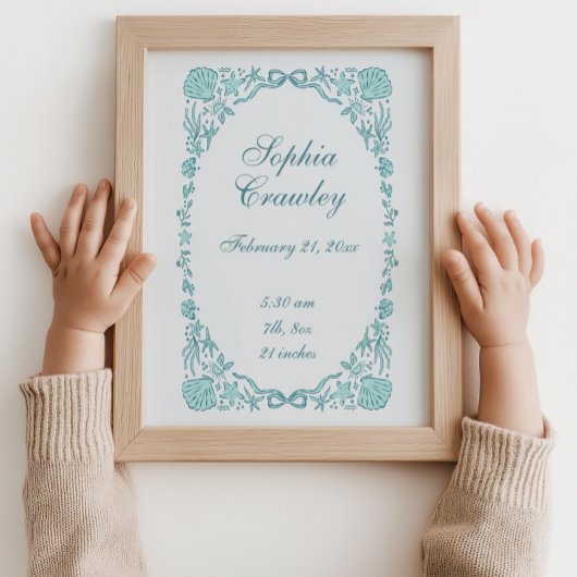 Personalized Seashells Teal Birth Info Poster
