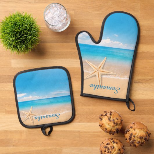Personalized Seaside Kitchen Mitt & Pot Set (Top down)
