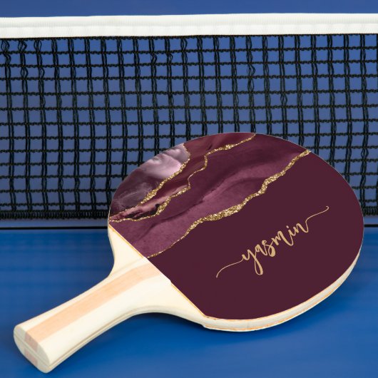 Personalized Signature Burgundy Gold Agate Tafeltennisbatje (Insitu)