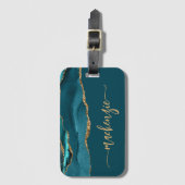 Personalized Signature Teal Blue Gold Agate Bagagelabel (Voorkant (verticaal))
