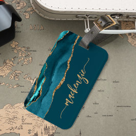 Personalized Signature Teal Blue Gold Agate Bagagelabel