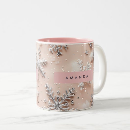 Personalized Silver Glitter Snowflake  Tweekleurige Koffiemok (Voorkant rechts)