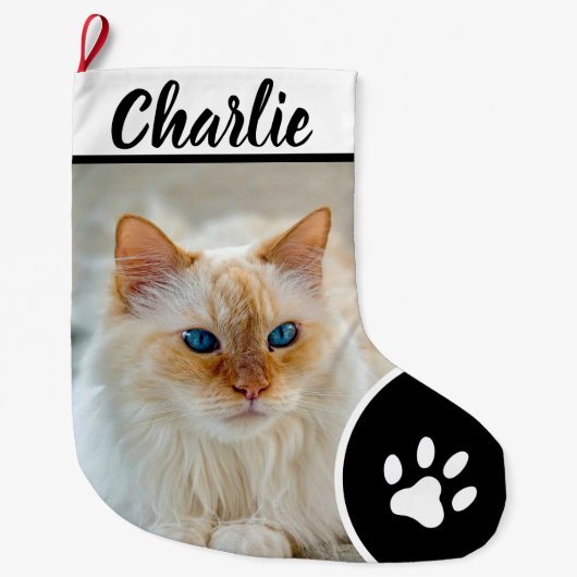 Personalized Simple Paw Pet Photo Monogram Name Grote Kerstsok (Voorkant)