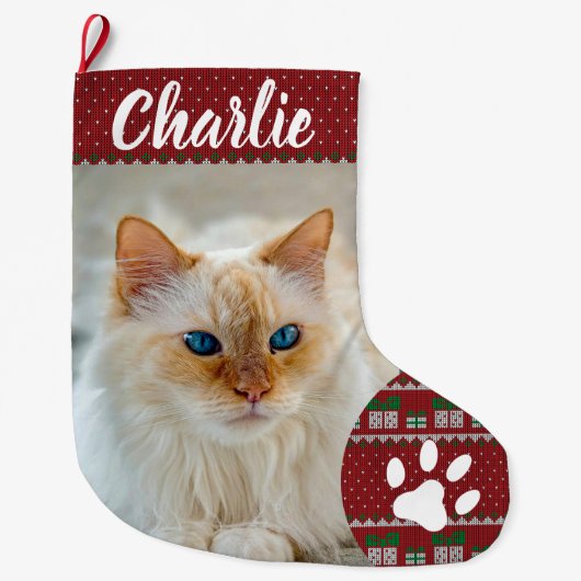 Personalized Simple Paw Pet Photo Monogram Name Grote Kerstsok (Voorkant)