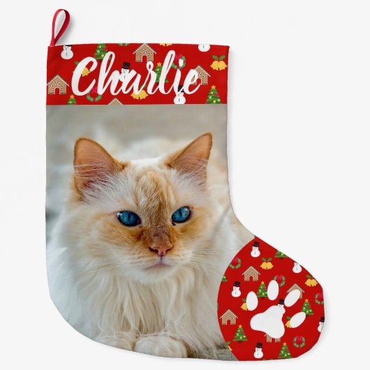 Personalized Simple Paw Pet Photo Monogram Name Grote Kerstsok (Voorkant)