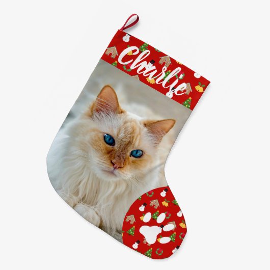 Personalized Simple Paw Pet Photo Monogram Name Grote Kerstsok (Voorkant (Hangend))