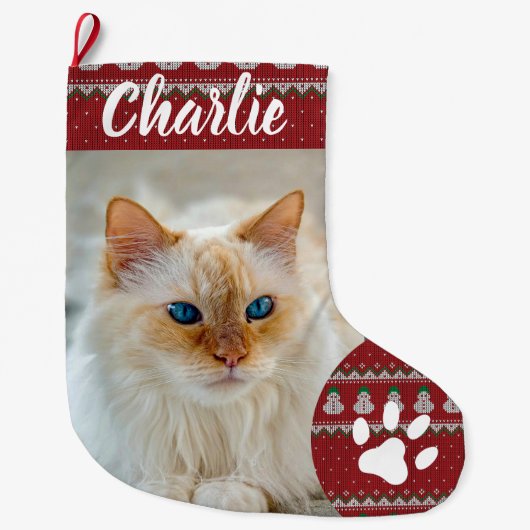 Personalized Simple Paw Pet Photo Monogram Name Grote Kerstsok (Voorkant)