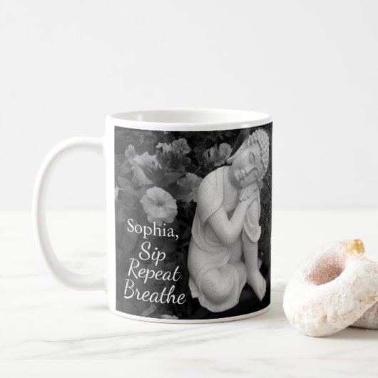Personalized Sip Breathe Buddha Zen Black White Koffiemok (Met donut)
