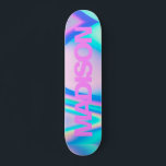 Personalized Skateboard Name Pink Girly Modern<br><div class="desc">Easily personalize this colorful Skateboard on Pink Girly Modern Holographic Rainbow Pastel Wave abstract design featuring black and cool sans serif font on Unicorn aesthetic with a modern and cute touch of fairy. Add your name,  choose font,  change size and position,  add clipart,  foto's and shapes.</div>