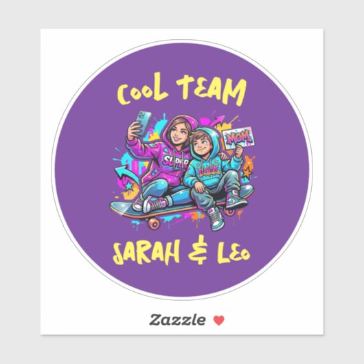 Personalized Skater Mom and Son Graffiti Art Round Sticker (Vel)