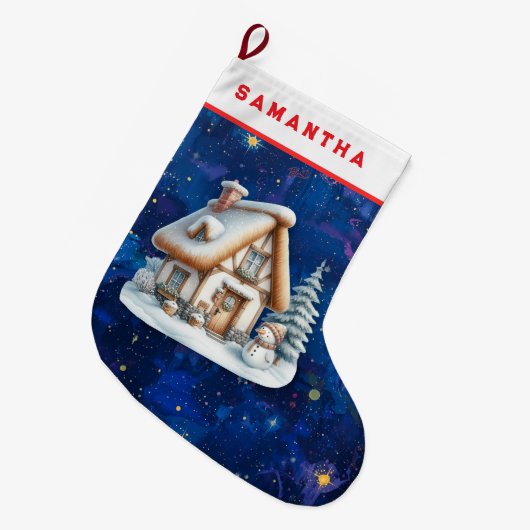 Personalized Snowman & Cabin Christmas Stocking  Grote Kerstsok (Voorkant (Hangend))