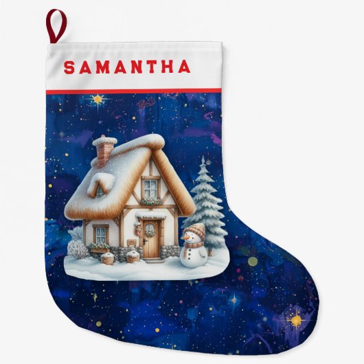 Personalized Snowman & Cabin Christmas Stocking  Grote Kerstsok (Voorkant)