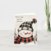 Personalized Snowman Plaid Christmas Family Name  Feestdagen Kaart (Voorkant)