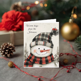 Personalized Snowman Plaid Christmas Family Name  Feestdagen Kaart