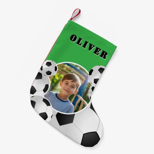 Personalized Soccer Ball Football Boy Photo  Kleine Kerstsok (Voorkant (Hangend))
