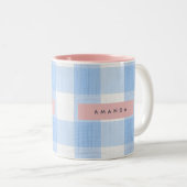 Personalized Soft Pastel Sky Blue Gingham Tweekleurige Koffiemok (Voorkant rechts)