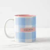 Personalized Soft Pastel Sky Blue Gingham Tweekleurige Koffiemok (Links)