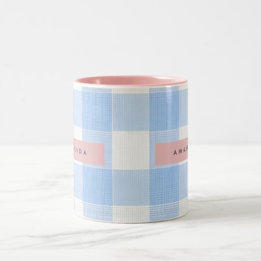 Personalized Soft Pastel Sky Blue Gingham  Tweekleurige Koffiemok (Center)