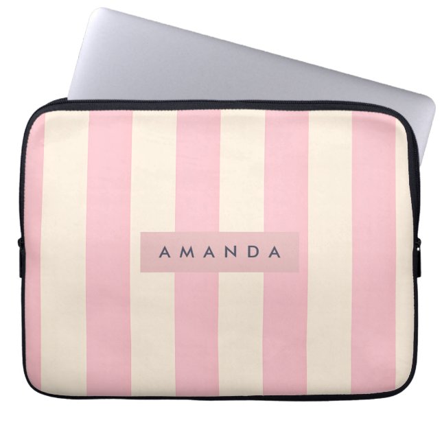 Personalized Soft Pink and Cream Stripe Laptop Sleeve (Voorkant)