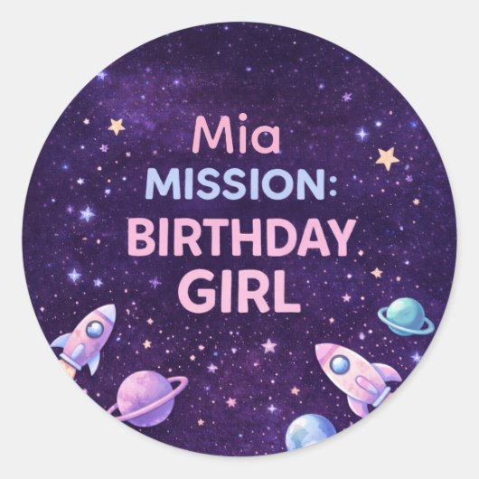 Personalized Space Birthday Girl Party Sticker (Voorkant)