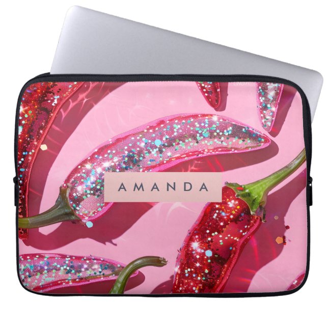 Personalized Sparkling Hot Pink Glitter Chili Laptop Sleeve (Voorkant)