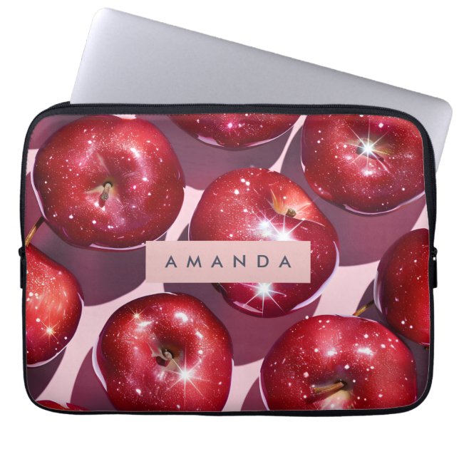 Personalized Sparkling Red Apple Pink Background Laptop Sleeve (Voorkant)