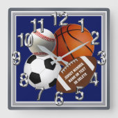 Personalized, Sports Themed Wall Clock, for Sale Vierkante Klok (Voorkant)