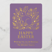 Personalized Spring Easter Bunny Gold Floral Folie Feestdagenkaart (Voorkant)