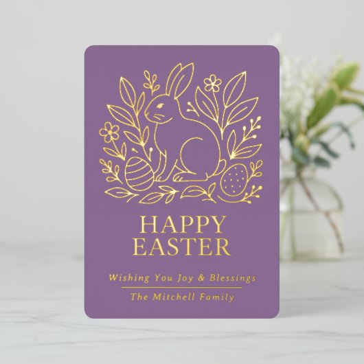Personalized Spring Easter Bunny Gold Floral Folie Feestdagenkaart (Staand Voorkant)