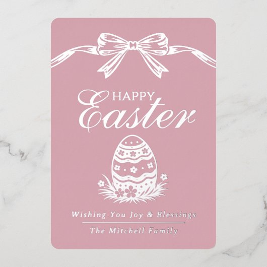 Personalized Spring Easter Egg Silver Bow Folie Feestdagenkaart (Voorkant)