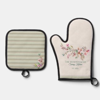 Personalized Spring Floral Watercolor Botanical Ovenwant & Pannenlap Set