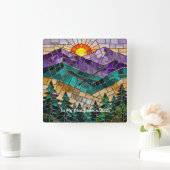 Personalized Stained Glass Mountain Wall Clock Vierkante Klok (Huis)