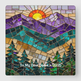 Personalized Stained Glass Mountain Wall Clock Vierkante Klok