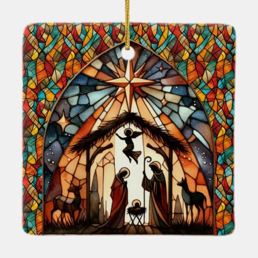Personalized Stained Glass Nativity Scene Christma Keramisch Ornament (Achterkant)