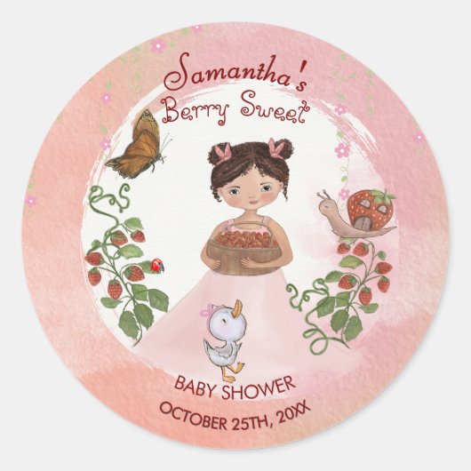 Personalized Strawberry Baby Shower Favor Stickers (Voorkant)