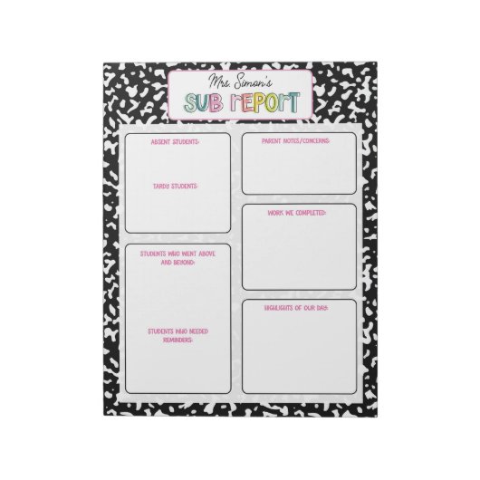 Personalized Substitute Teacher Report Note Notitieblok (Linkerzijde)