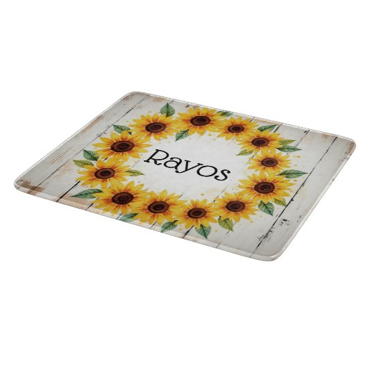 Personalized Sunflower Wreath Glass Cutting Board Snijplank (Hoek)